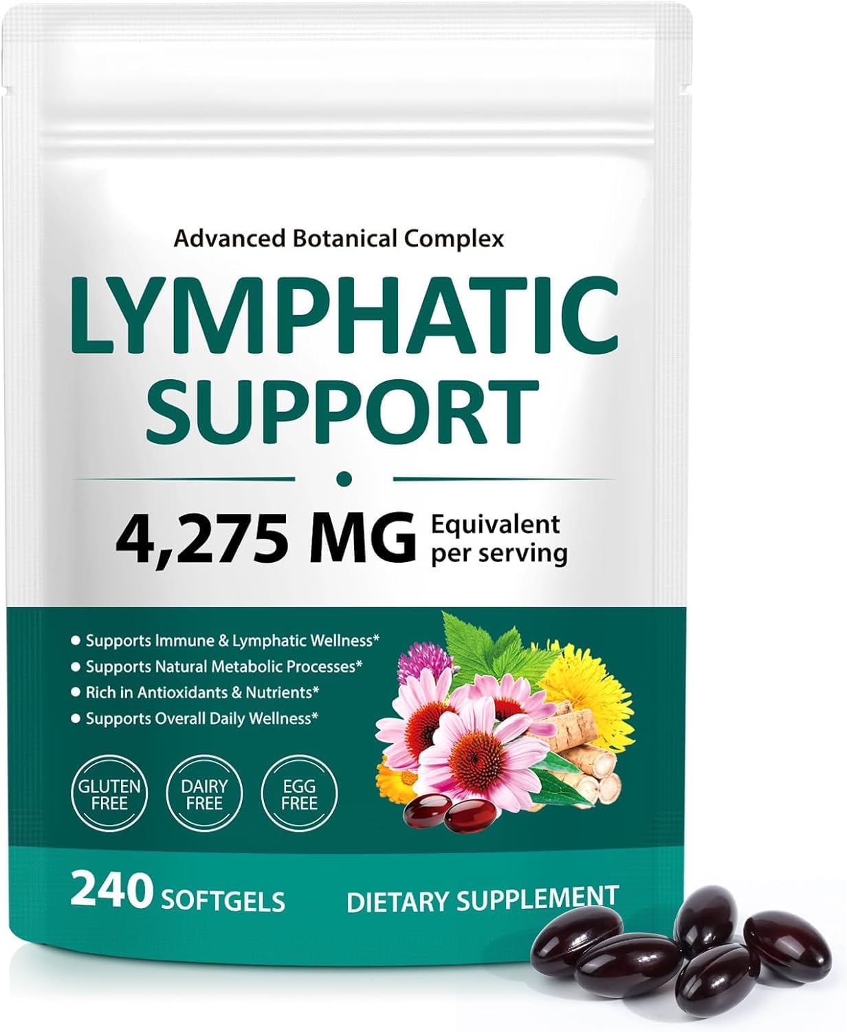 Lymphatic Drainage Supplements, Herbal Blend for Immune and Fluid Health for Men Women,with Dandelion, Burdock Root, Echinacea, Turmeric,240 Softgels for Lymph System Balance (Pack of 1) - dailyvitalstore