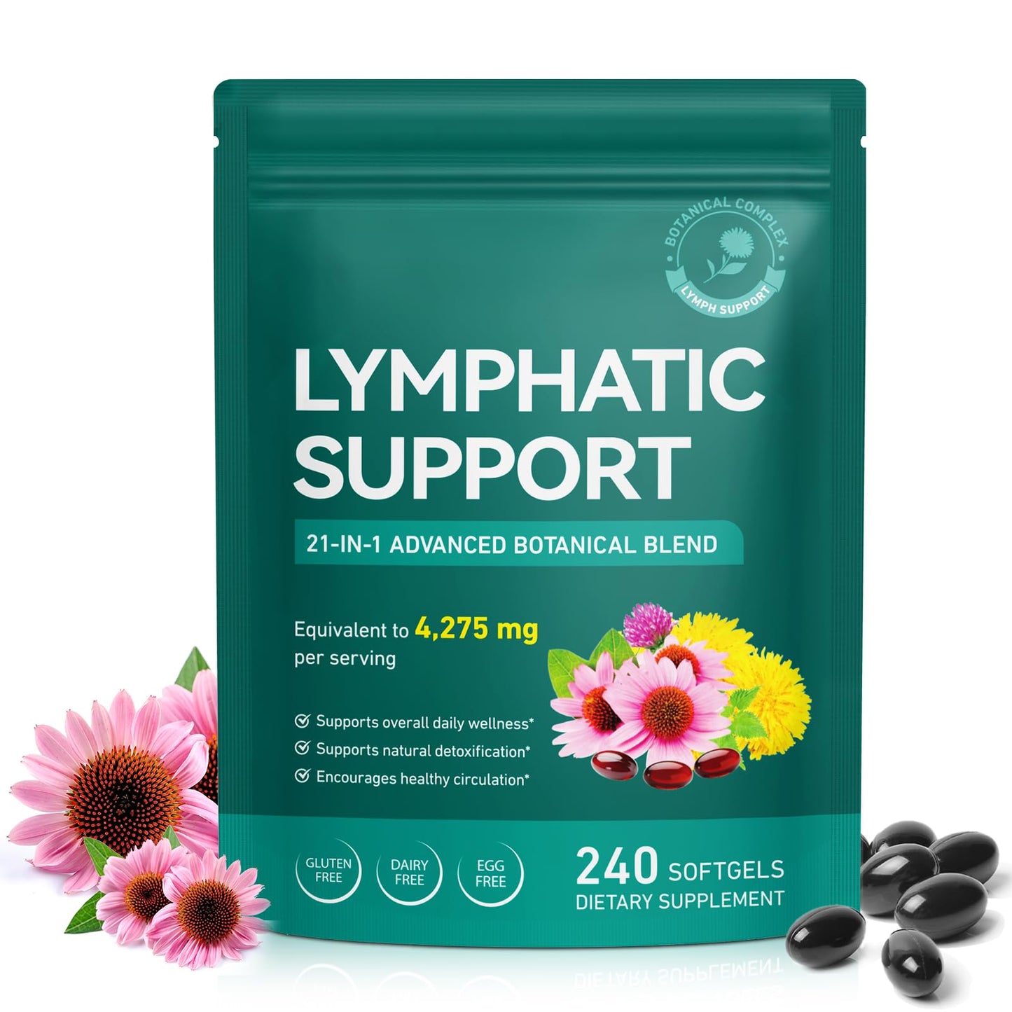 Lymphatic Drainage Supplements, Lymph System Support Supplement for Women & Men, Natural Herbal Blends with Echinacea, Dandelion, Burdock Root for Lymph System - 240 Softgels - dailyvitalstore