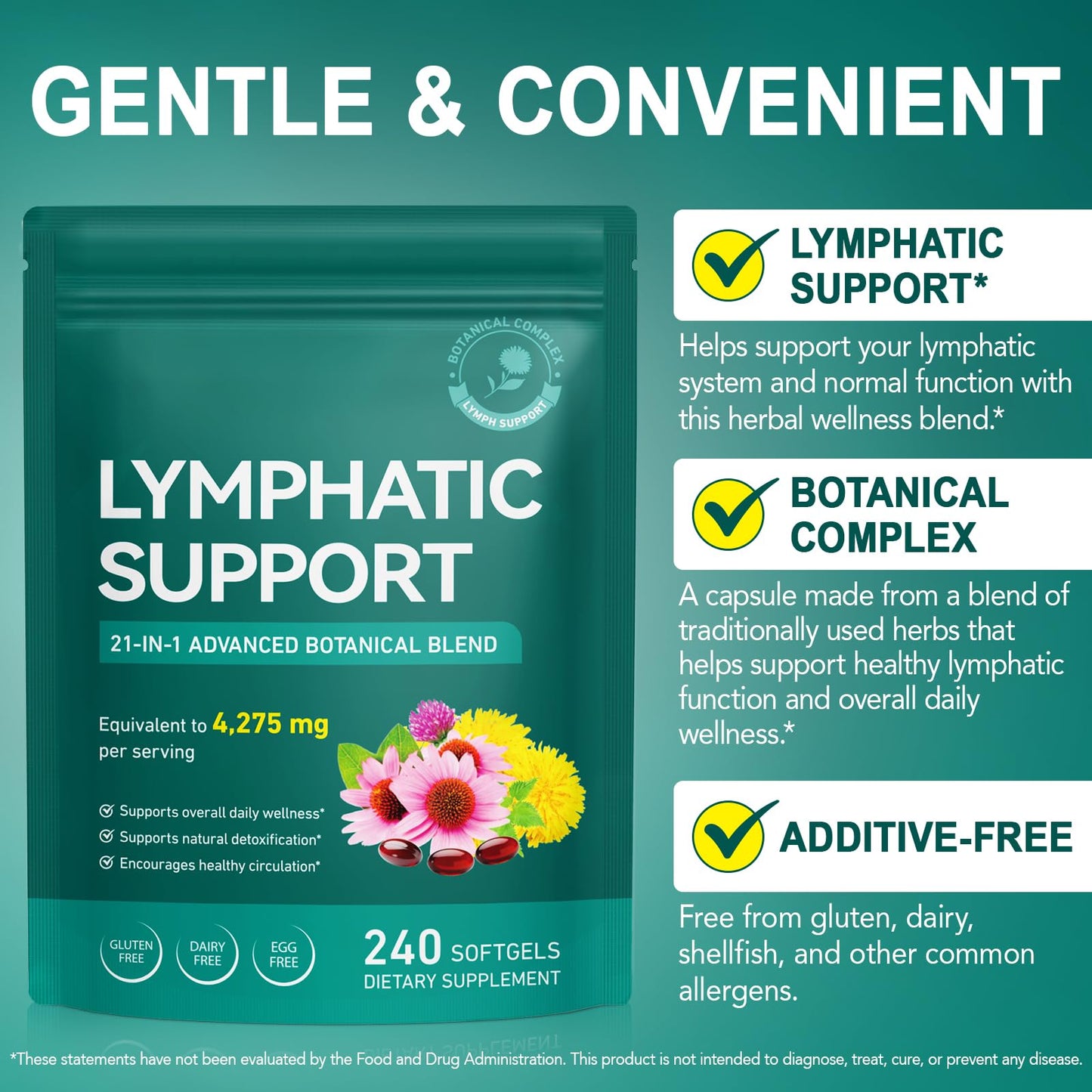 Lymphatic Drainage Supplements, Lymph System Support Supplement for Women & Men, Natural Herbal Blends with Echinacea, Dandelion, Burdock Root for Lymph System - 240 Softgels - dailyvitalstore