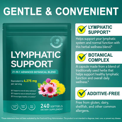 Lymphatic Drainage Supplements, Lymph System Support Supplement for Women & Men, Natural Herbal Blends with Echinacea, Dandelion, Burdock Root for Lymph System - 240 Softgels - dailyvitalstore