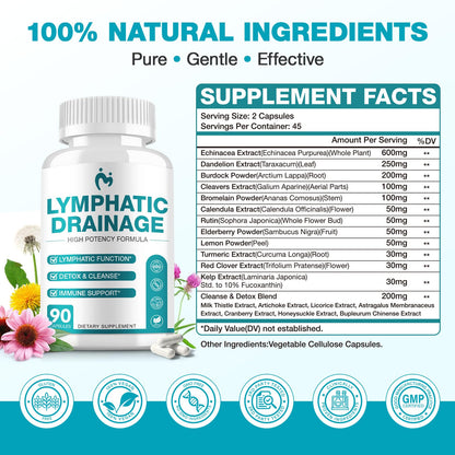 Lymphatic Drainage Supplements - Lymphatic Drainage Capsule for Detox & Cleanse, Immune Support - Natural Herbal Blends with Dandelion, Burdock, Cleavers & Echinacea, 90 Capsules - dailyvitalstore