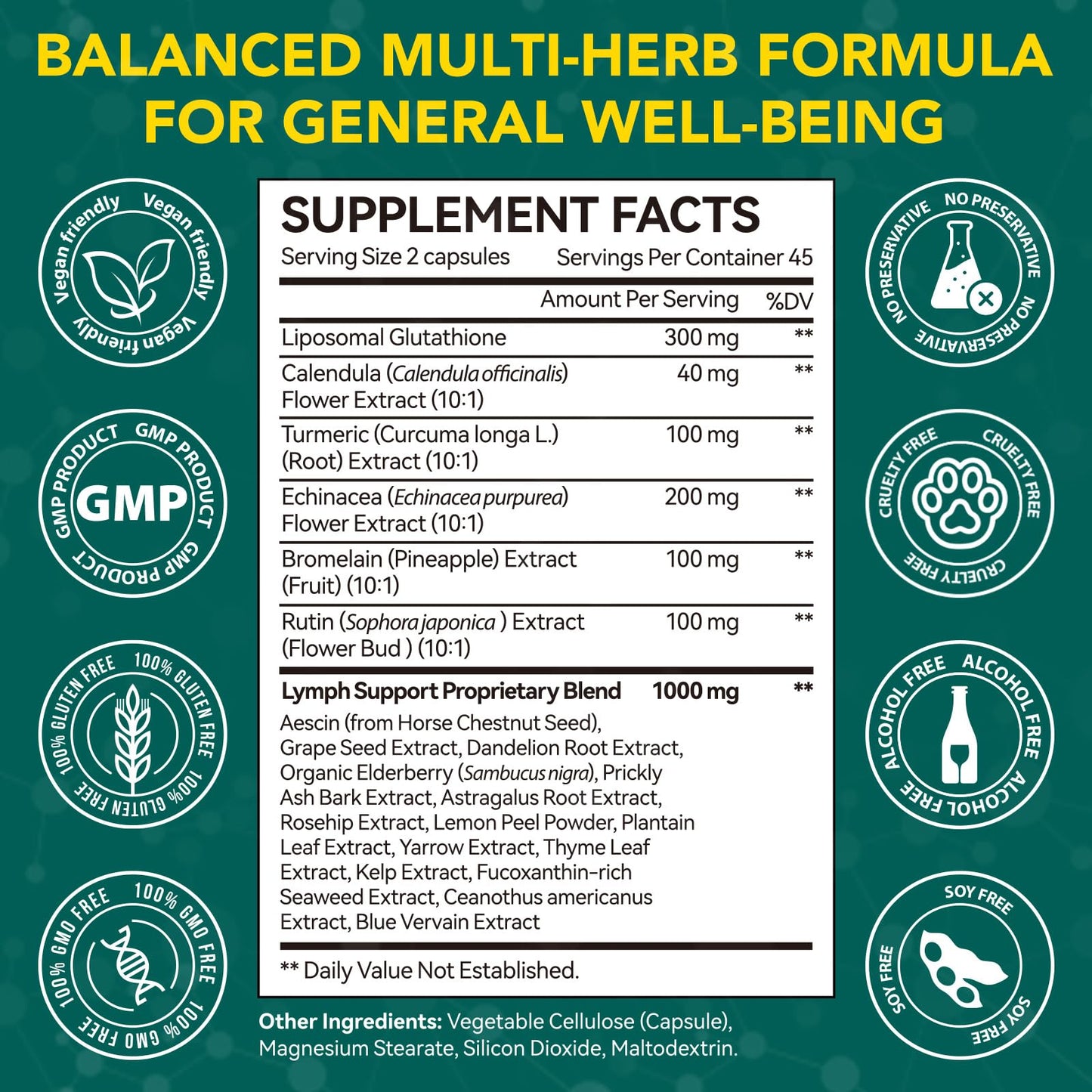 Lymphatic Drainage Supplements, Lymphatic Drainage Capsules Supplement - Wellness Complex Formula 21 in 1 - Aescia, Turmeric, Bromelain, Echinacea & More - Lymph System Support Capsule Easy Store - dailyvitalstore