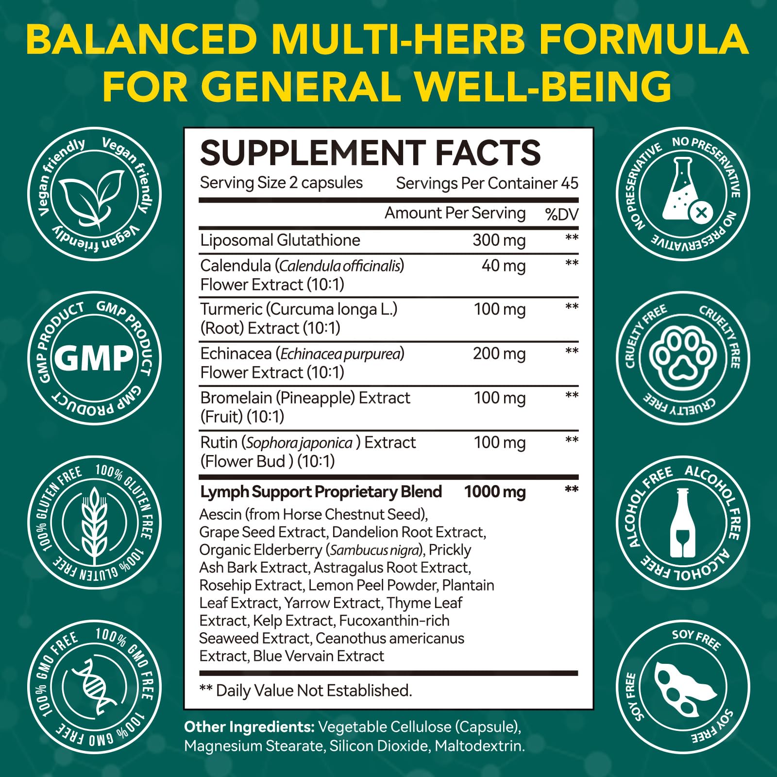 Lymphatic Drainage Supplements, Lymphatic Drainage Capsules Supplement - Wellness Complex Formula 21 in 1 - Aescia, Turmeric, Bromelain, Echinacea & More - Lymph System Support Capsule Easy Store - dailyvitalstore