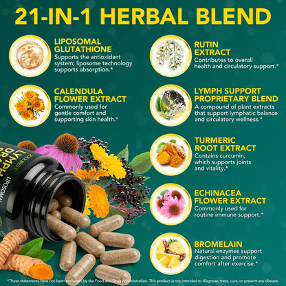 Lymphatic Drainage Supplements, Lymphatic Drainage Capsules - Wellness Complex 21 in 1 Aescia, Turmeric, Bromelain, Echinacea & More - Lymph System Support Capsules - dailyvitalstore