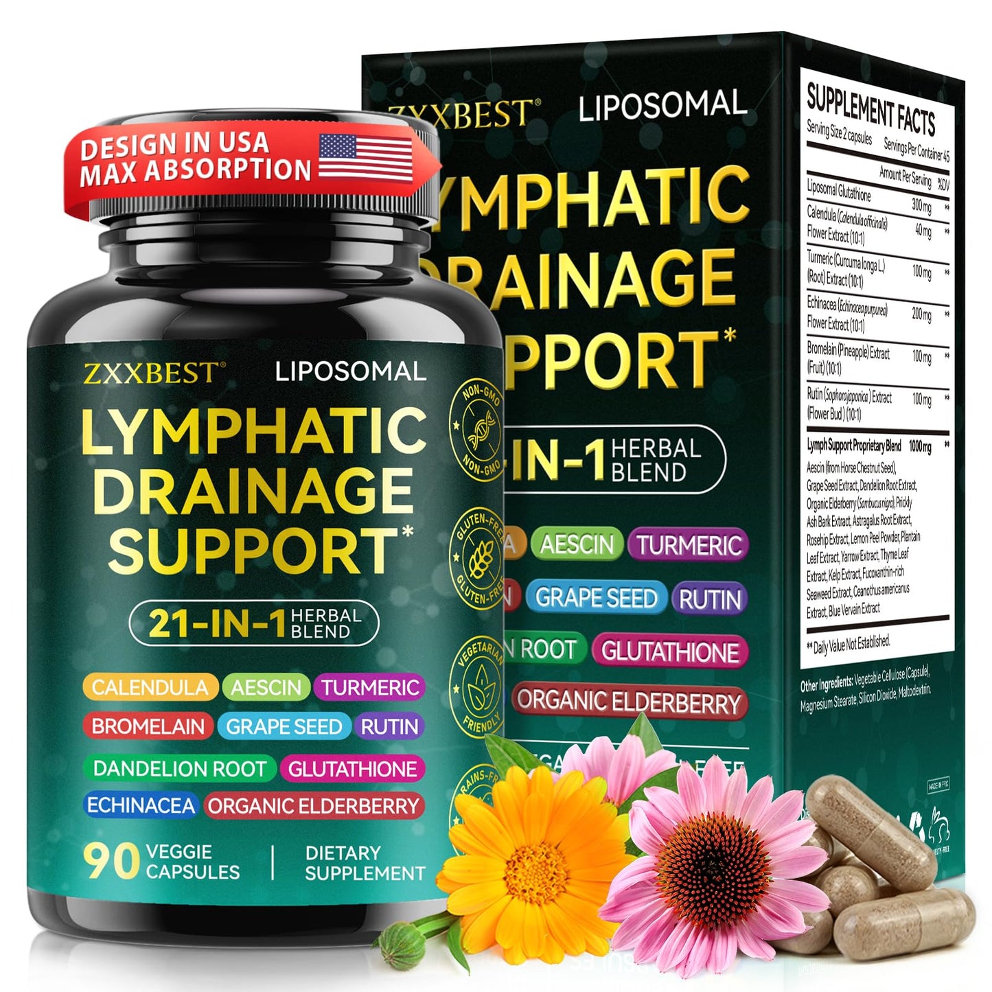 Lymphatic Drainage Supplements, Lymphatic Drainage Capsules - Wellness Complex 21 in 1 Aescia, Turmeric, Bromelain, Echinacea & More - Lymph System Support Capsules - dailyvitalstore