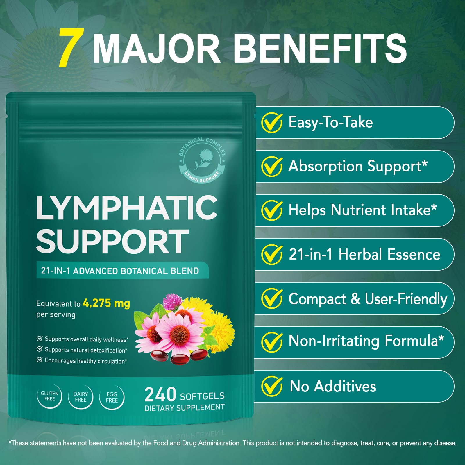 Lymphatic Drainage Supplements, Lymphatic Support Softgels for Immune Health, Plant-Based Formula with Echinacea, Burdock Root, Elderberry, Bromelain, Turmeric, 240 Softgels -2Pack - dailyvitalstore