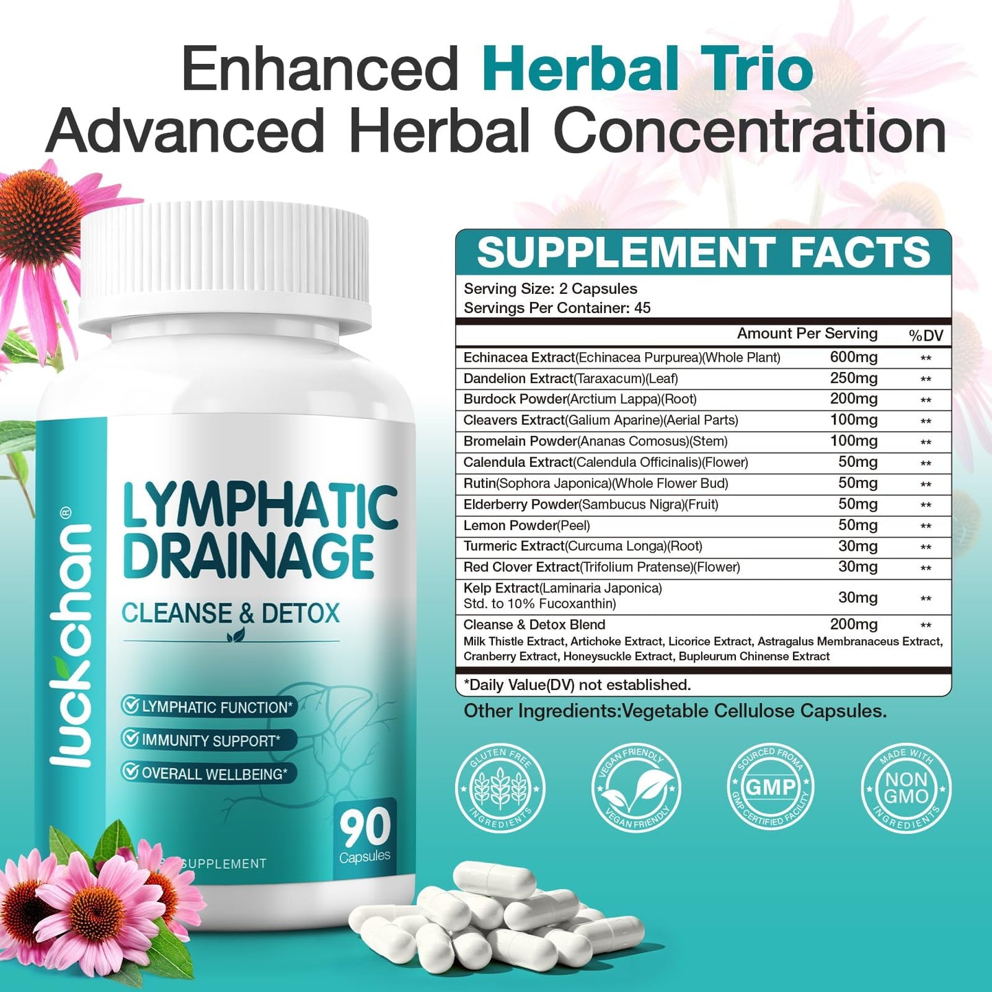 Lymphatic Drainage Supplements - Lymphatic System Support, Fluid Balance, Immune Support - Natural Lymphatic Cleanse & Detox Capsules with Dandelion, Echinacea, Burdock & More, 90 Capsules - dailyvitalstore
