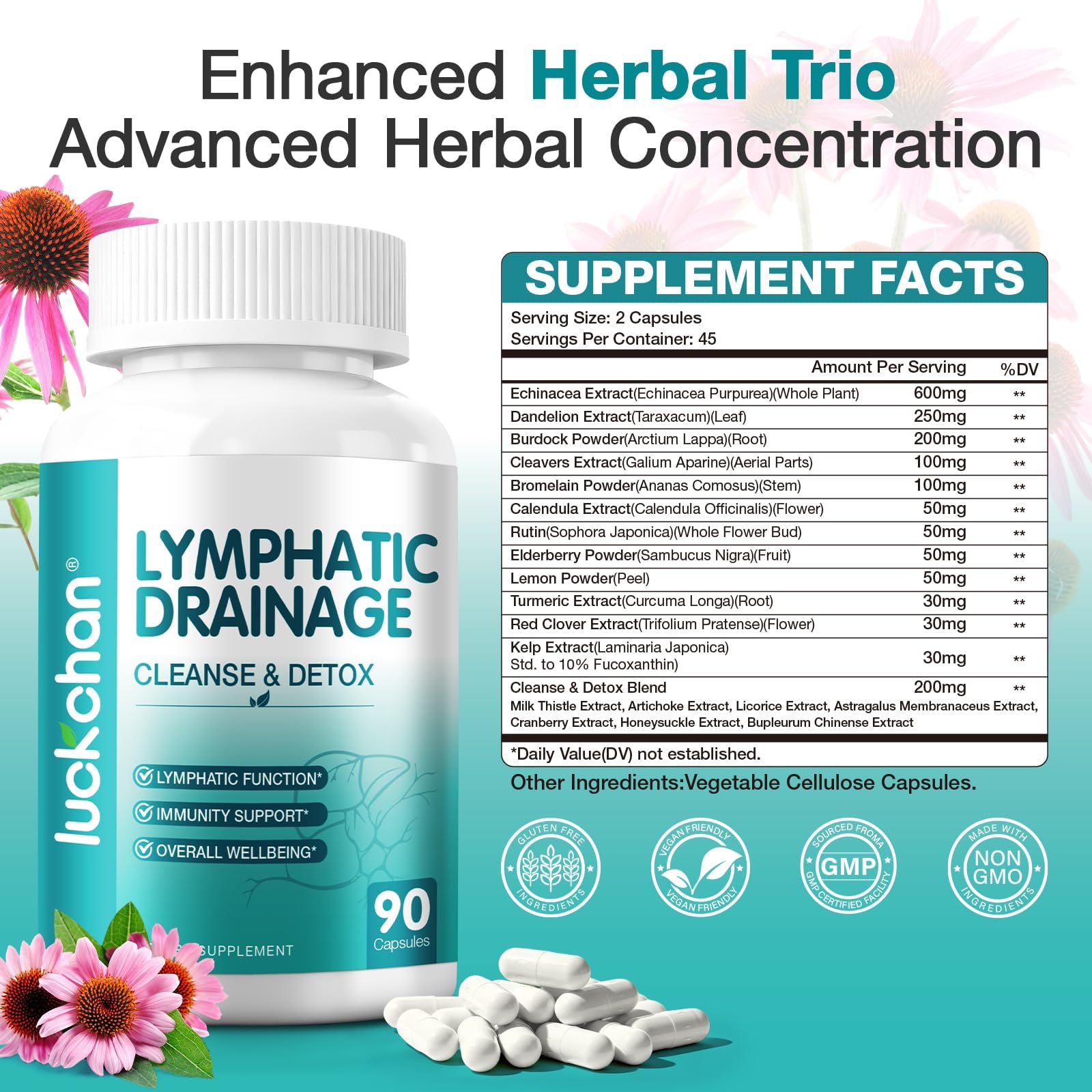 Lymphatic Drainage Supplements - Lymphatic System Support, Fluid Balance, Immune Support - Natural Lymphatic Cleanse & Detox Capsules with Dandelion, Echinacea, Burdock & More, 90 Capsules - dailyvitalstore