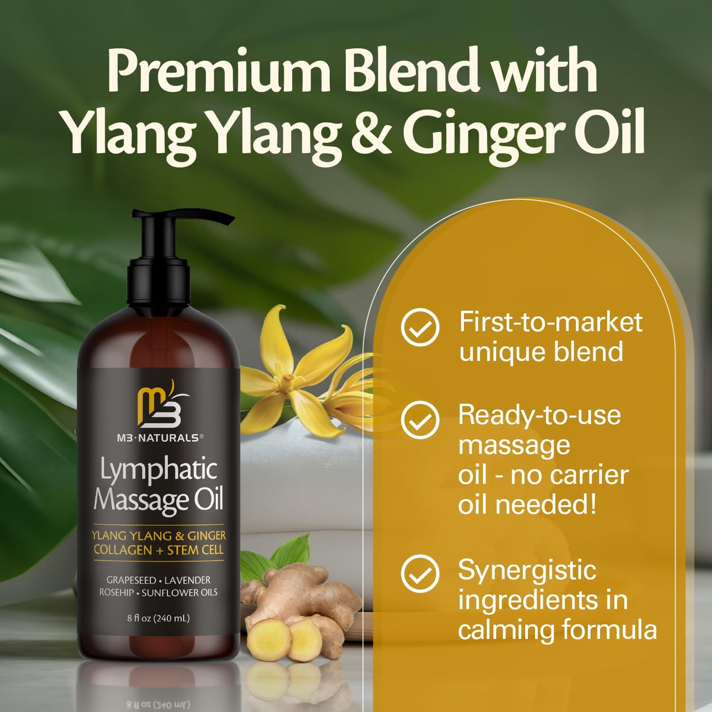 Lymphatic Massage Oil for Massage Therapy - Lymphatic Drainage Oil for Body Care Circulation & Detox Support with Ylang Ylang, Ginger, Lavender, Grapeseed, Vitamin E & Stem Cell (8 Fl Oz) by M3 - dailyvitalstore