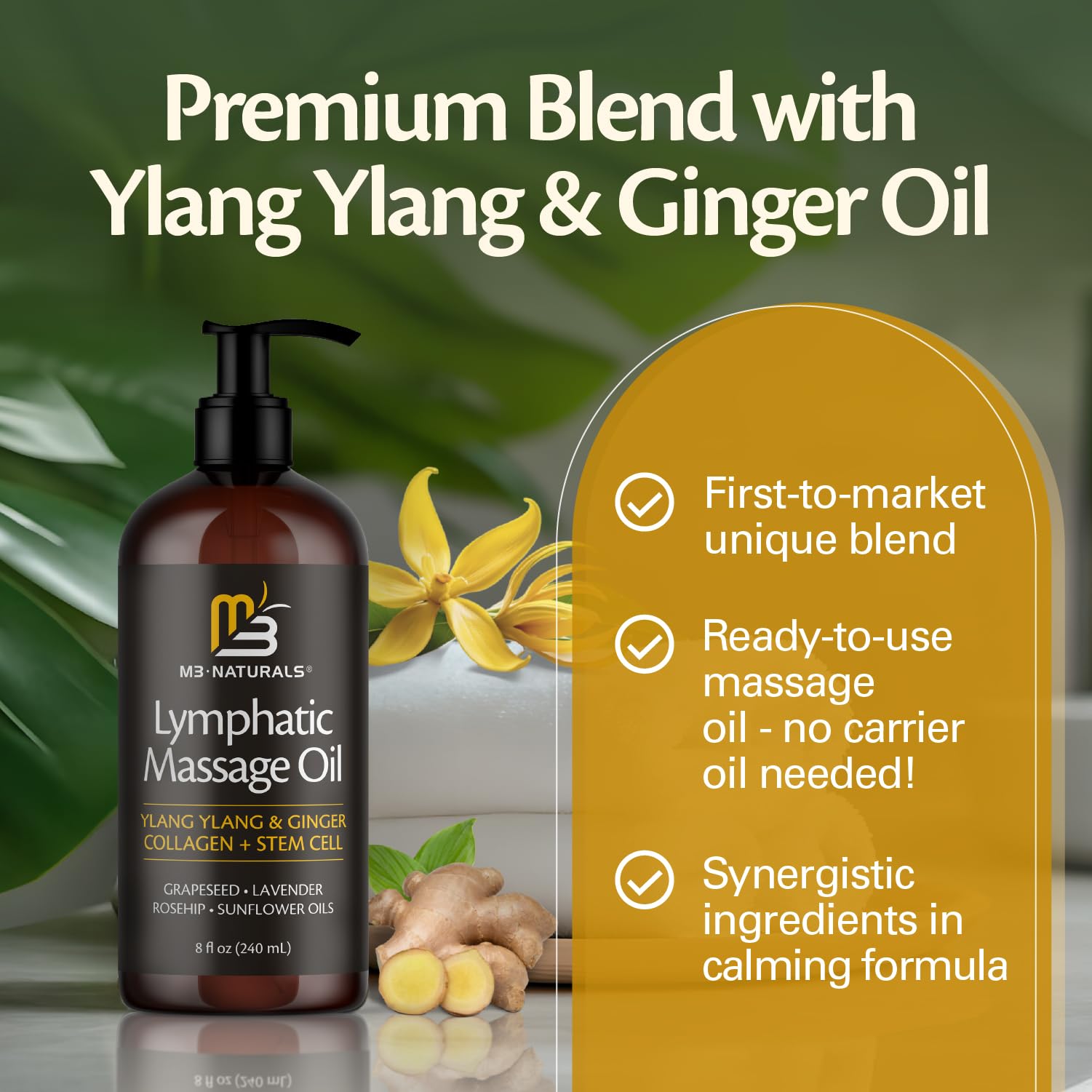 Lymphatic Massage Oil for Massage Therapy - Lymphatic Drainage Oil for Body Care Circulation & Detox Support with Ylang Ylang, Ginger, Lavender, Grapeseed, Vitamin E & Stem Cell (8 Fl Oz) by M3 - dailyvitalstore