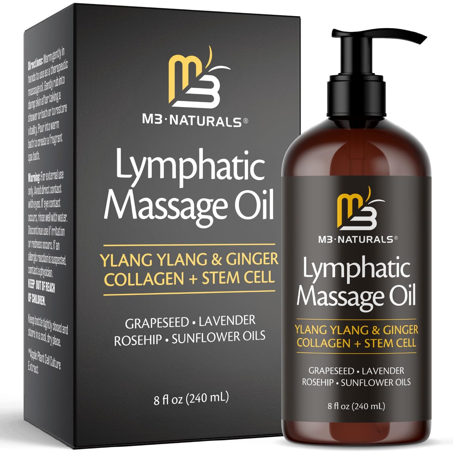 Lymphatic Massage Oil for Massage Therapy - Lymphatic Drainage Oil for Body Care Circulation & Detox Support with Ylang Ylang, Ginger, Lavender, Grapeseed, Vitamin E & Stem Cell (8 Fl Oz) by M3 - dailyvitalstore