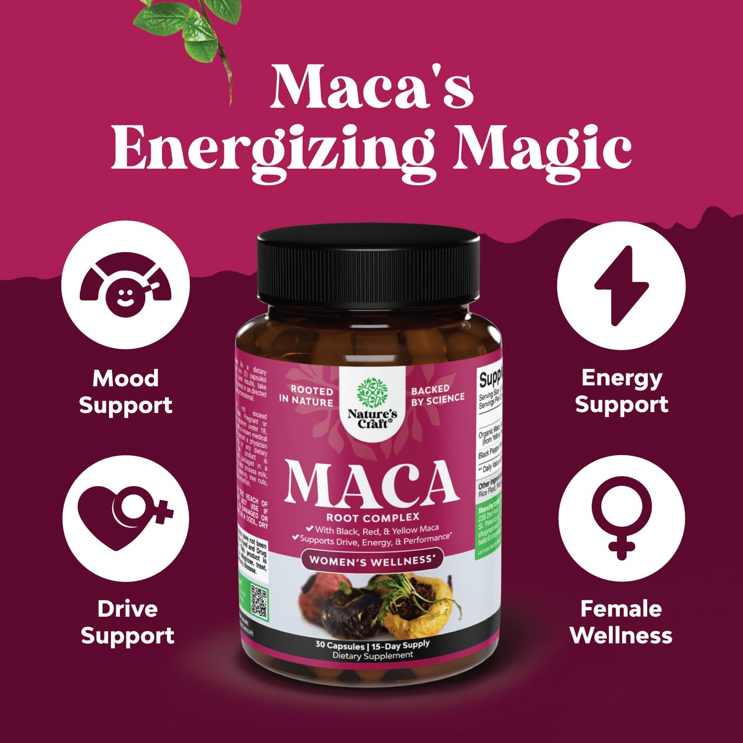 Maca Root Capsules for Women - Potent Herbal Supplement with Female Enhancing Blend of Red Yellow & Black Maca Root - Non-GMO Certified Vegan and Gluten-Free with No Artificial Colors - 30 Count - dailyvitalstore