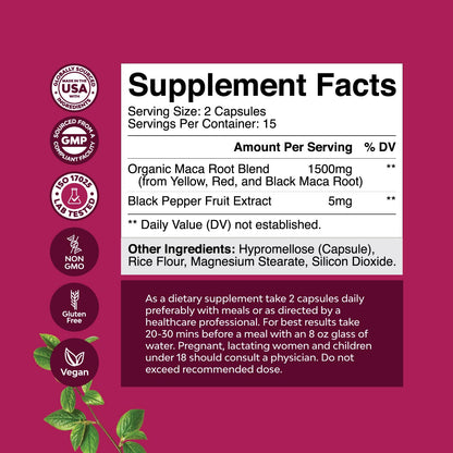 Maca Root Capsules for Women - Potent Herbal Supplement with Female Enhancing Blend of Red Yellow & Black Maca Root - Non-GMO Certified Vegan and Gluten-Free with No Artificial Colors - 30 Count - dailyvitalstore