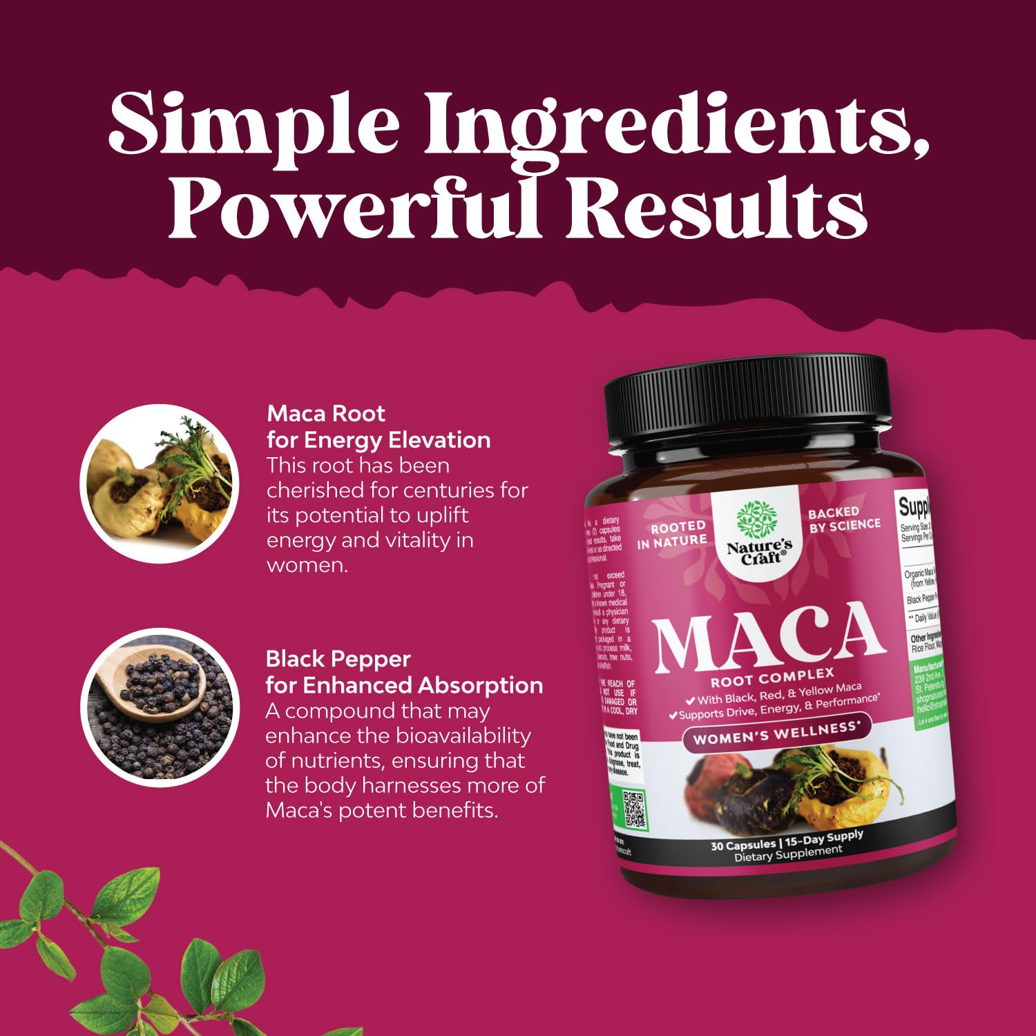 Maca Root Capsules for Women - Potent Herbal Supplement with Female Enhancing Blend of Red Yellow & Black Maca Root - Non-GMO Certified Vegan and Gluten-Free with No Artificial Colors - 30 Count - dailyvitalstore