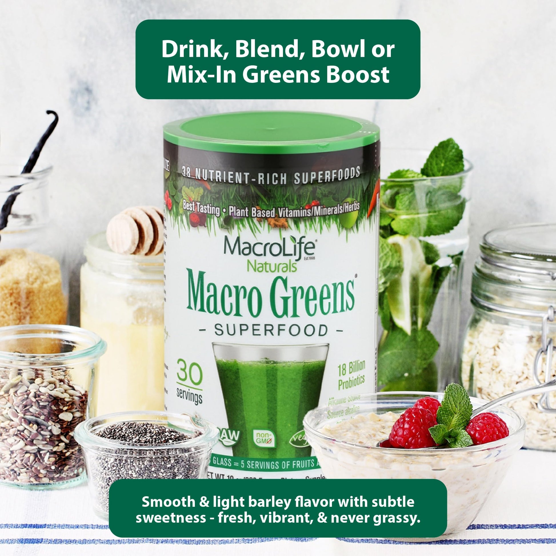 MacroLife Naturals Macro Greens Superfood Powder – 38 Superfoods with Probiotics, Digestive Enzymes & Adaptogens | Non GMO, Vegan, Gluten Free | 18B CFU | 10 oz (30 Servings) - dailyvitalstore