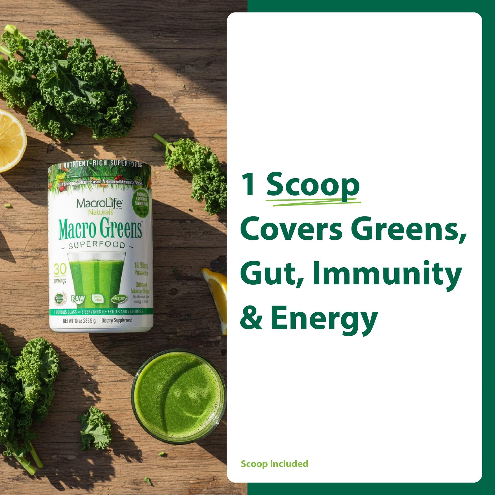 MacroLife Naturals Macro Greens Superfood Powder – 38 Superfoods with Probiotics, Digestive Enzymes & Adaptogens | Non GMO, Vegan, Gluten Free | 18B CFU | 10 oz (30 Servings) - dailyvitalstore