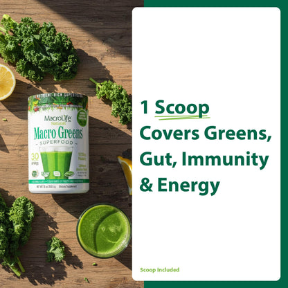 MacroLife Naturals Macro Greens Superfood Powder – 38 Superfoods with Probiotics, Digestive Enzymes & Adaptogens | Non GMO, Vegan, Gluten Free | 18B CFU | 10 oz (30 Servings) - dailyvitalstore