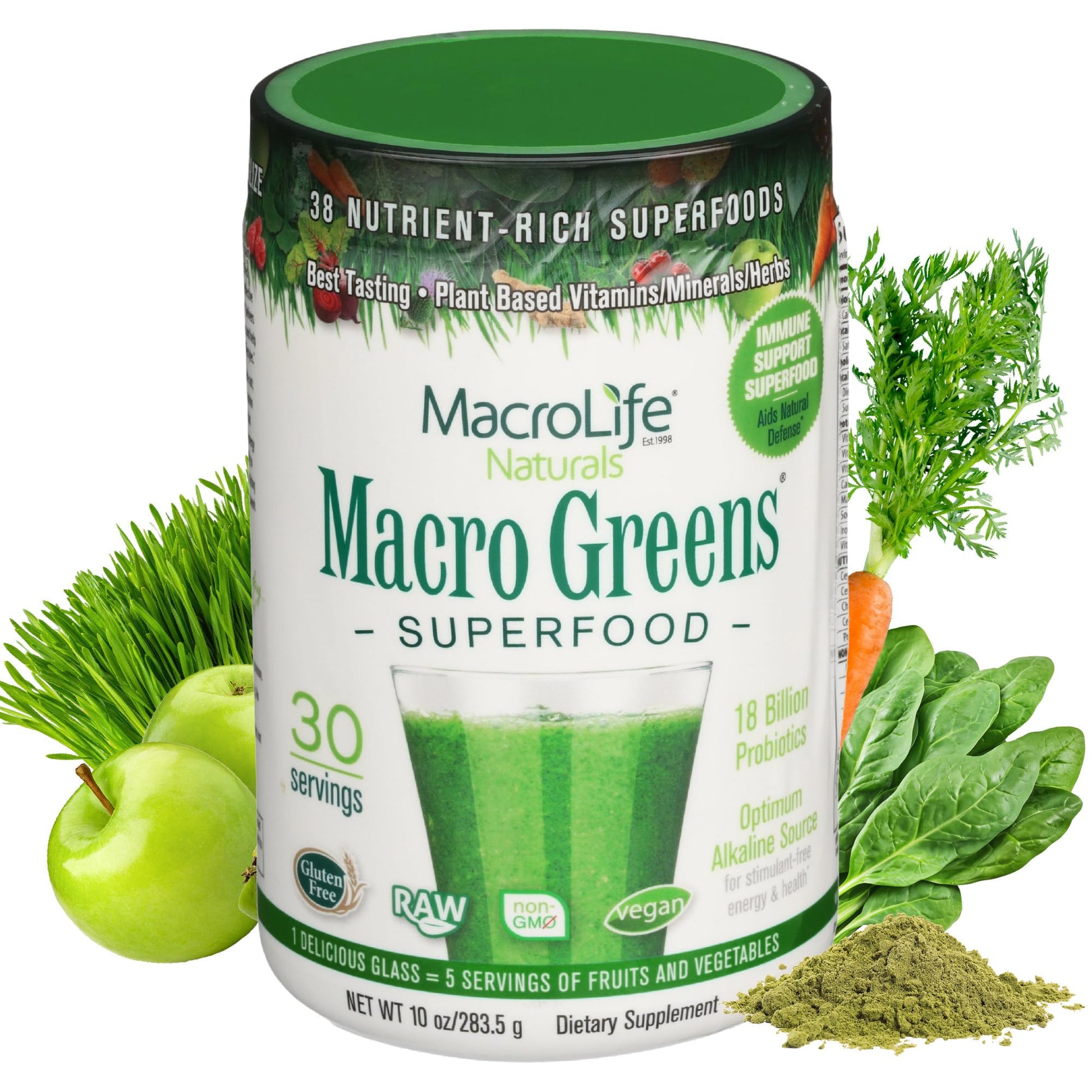 MacroLife Naturals Macro Greens Superfood Powder – 38 Superfoods with Probiotics, Digestive Enzymes & Adaptogens | Non GMO, Vegan, Gluten Free | 18B CFU | 10 oz (30 Servings) - dailyvitalstore