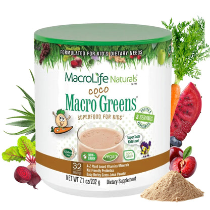 MacroLife Naturals MacroCoco Super Greens Drink, Chocolate Powder Superfood for Kids & Teens - Whole Food Fruit & Vegetable Multi-Vitamins Probiotics Digestive Enzymes & Fiber Supplement - 32 Servings - dailyvitalstore