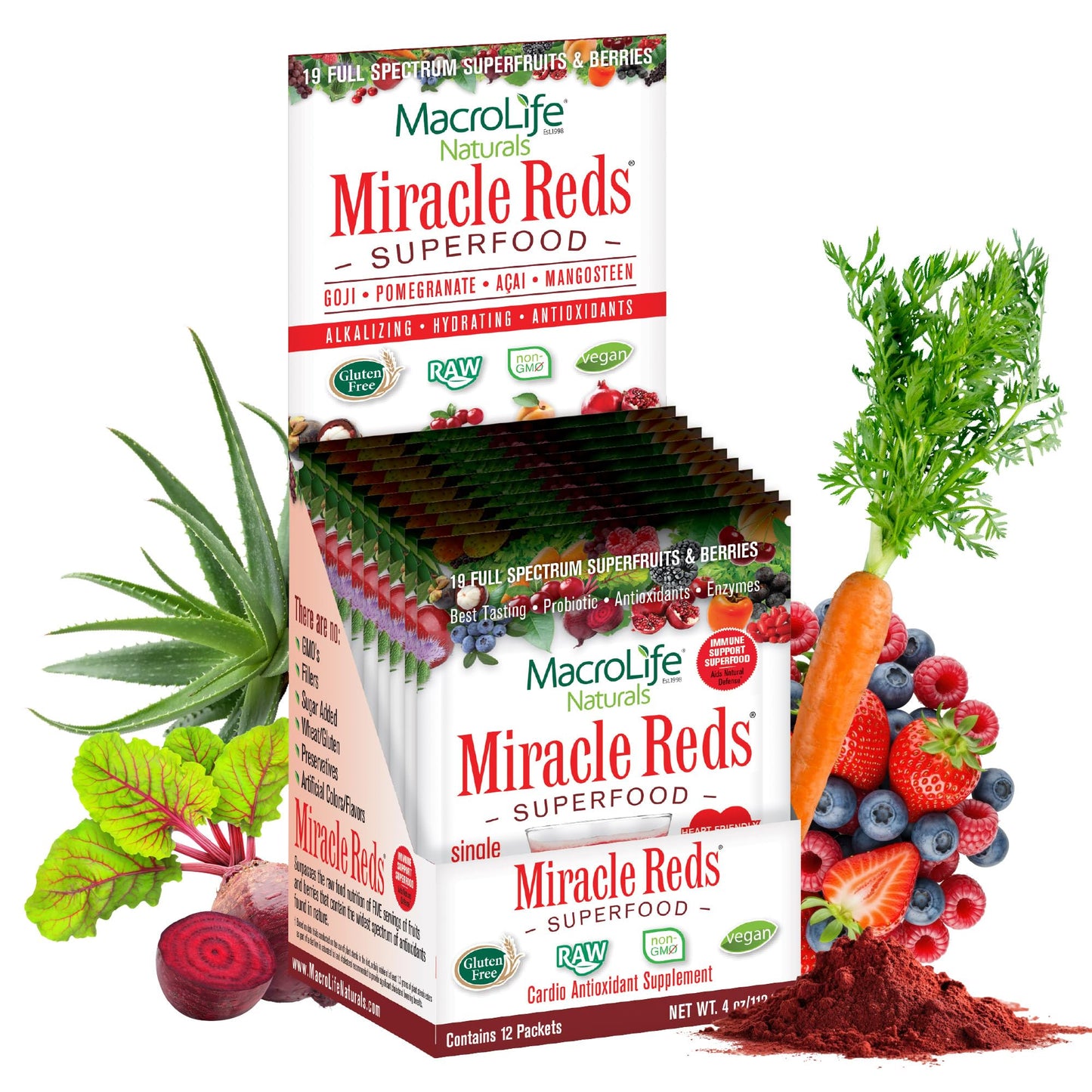 MacroLife Naturals Miracle Reds Superfood Powder 19 Blended Fruit & Berry Polyphenols Enzymes Probiotics & Antioxidants Supplement - Raw Non-GMO & Vegan Whole Food Vitamins - 12 Packet Servings - dailyvitalstore