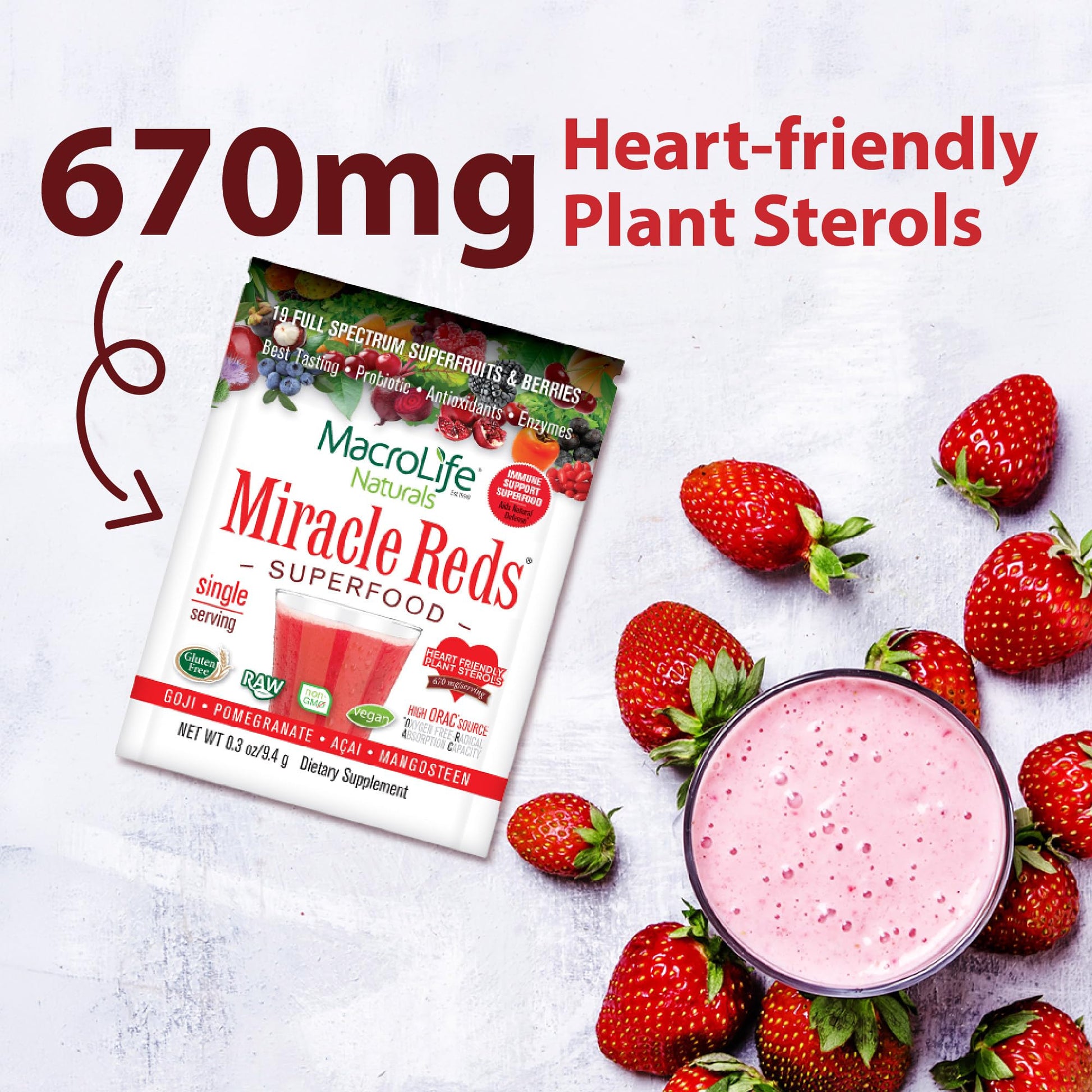 MacroLife Naturals Miracle Reds Superfood Powder 19 Blended Fruit & Berry Polyphenols Enzymes Probiotics & Antioxidants Supplement - Raw Non-GMO & Vegan Whole Food Vitamins - 12 Packet Servings - dailyvitalstore