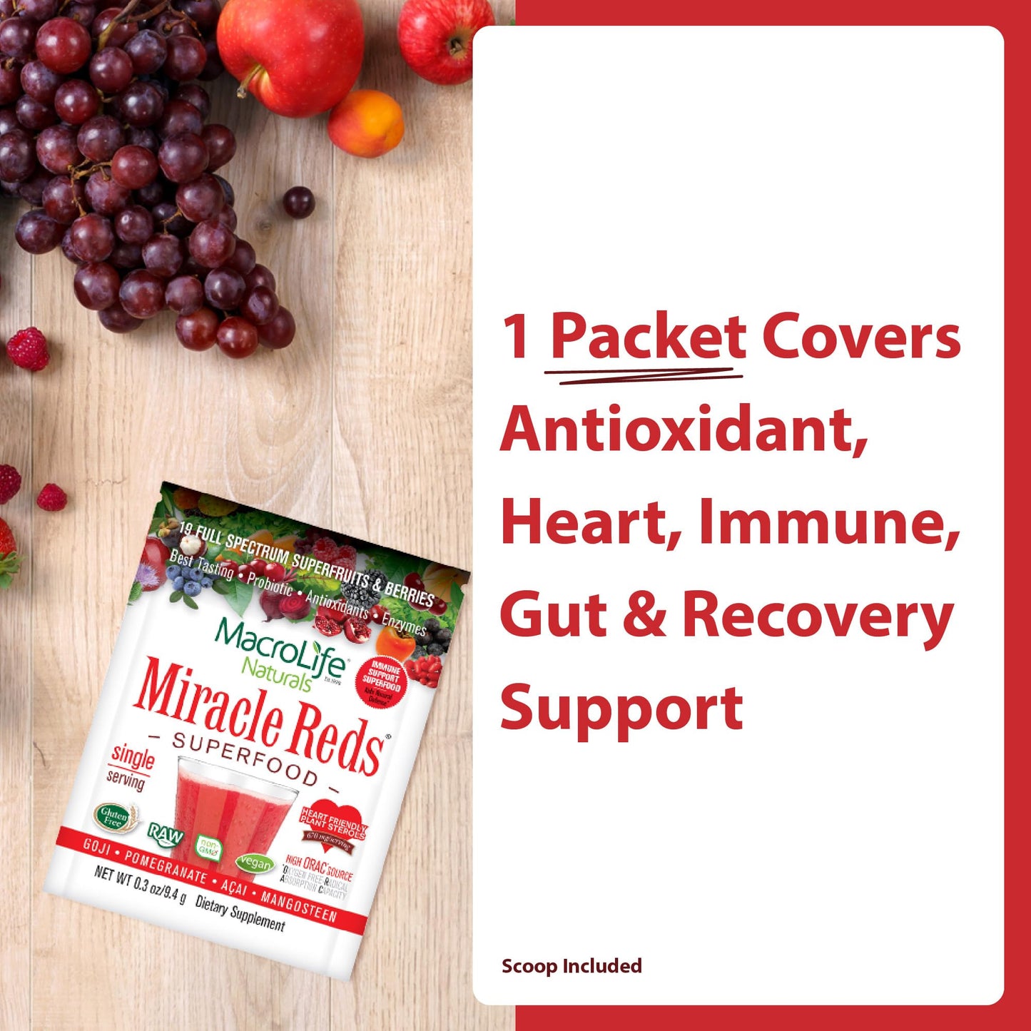 MacroLife Naturals Miracle Reds Superfood Powder 19 Blended Fruit & Berry Polyphenols Enzymes Probiotics & Antioxidants Supplement - Raw Non-GMO & Vegan Whole Food Vitamins - 12 Packet Servings - dailyvitalstore