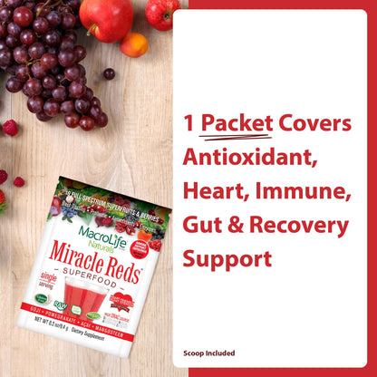 MacroLife Naturals Miracle Reds Superfood Powder 19 Blended Fruit & Berry Polyphenols Enzymes Probiotics & Antioxidants Supplement - Raw Non-GMO & Vegan Whole Food Vitamins - 12 Packet Servings - dailyvitalstore