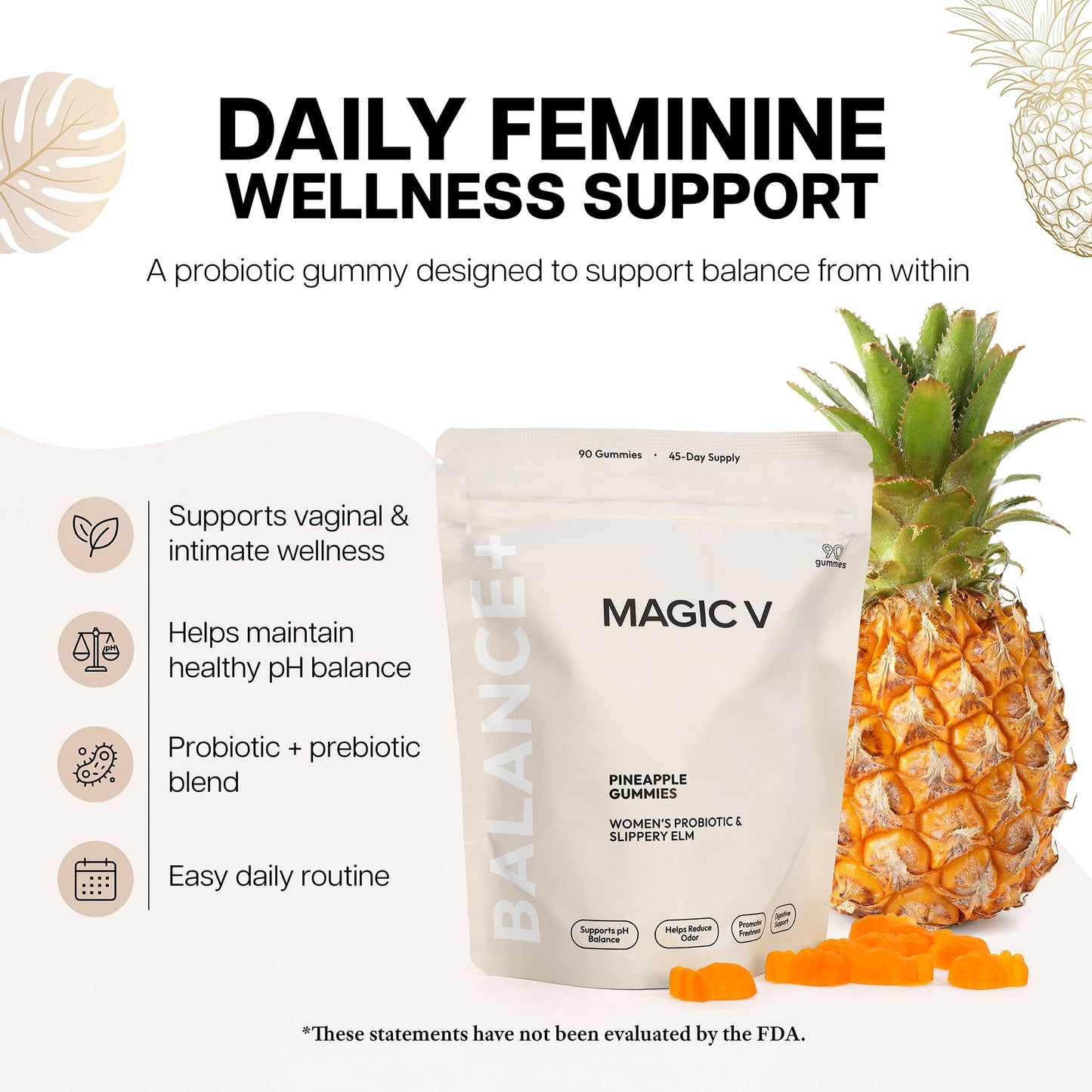 Magic V Care – Premium Feminine Balance Gummies – Women’s Wellness & pH Support – Vaginal Health, Immunity & Hormonal Balance – Vegan, Gluten-Free – Tropical Pineapple – 90 Gummies – 45 Servings - dailyvitalstore