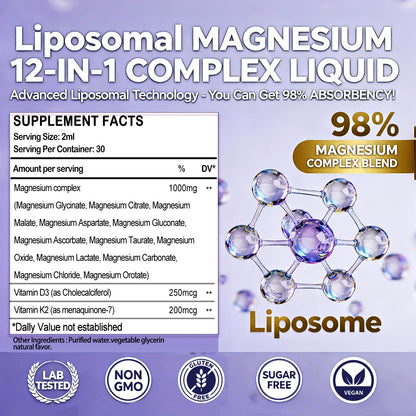 Magnesium 12 in 1 Complex 1000mg Supplement for Women & Men, High Absorption Liquid Magnesium W/Glycinate Citrate Malate Taurate Oxide Aspartate Orotate, Calm Magnesium for Sleep Muscle Heart Support - dailyvitalstore