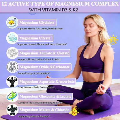 Magnesium 12 in 1 Complex 1000mg Supplement for Women & Men, High Absorption Liquid Magnesium W/Glycinate Citrate Malate Taurate Oxide Aspartate Orotate, Calm Magnesium for Sleep Muscle Heart Support - dailyvitalstore