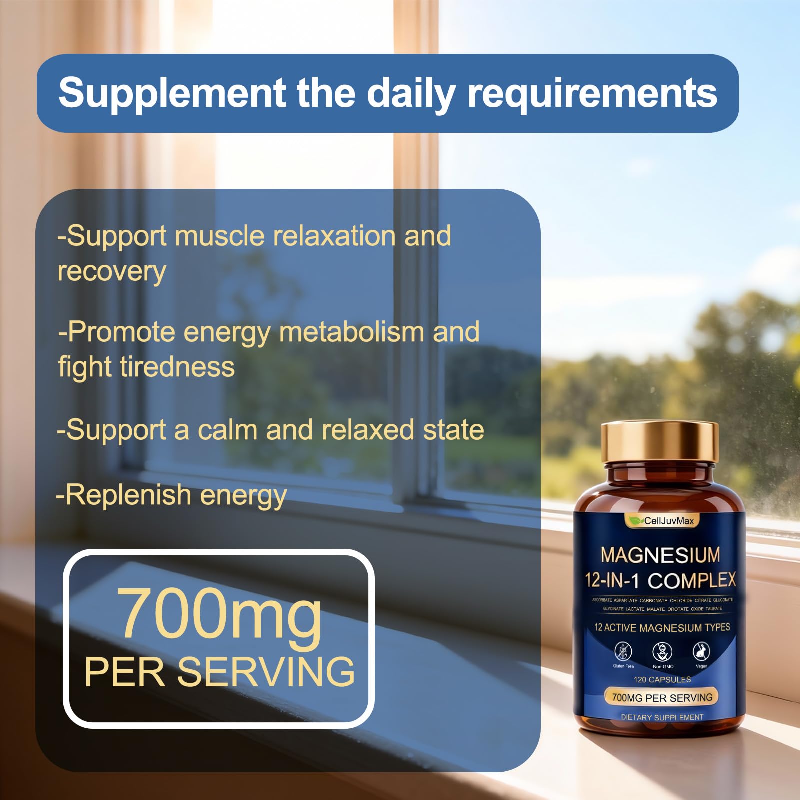 Magnesium 12-in-1 Complex 700mg, with Glycinate & Citrate, Vegan Supplement for Daily Wellness, 120 Capsules (1) - dailyvitalstore