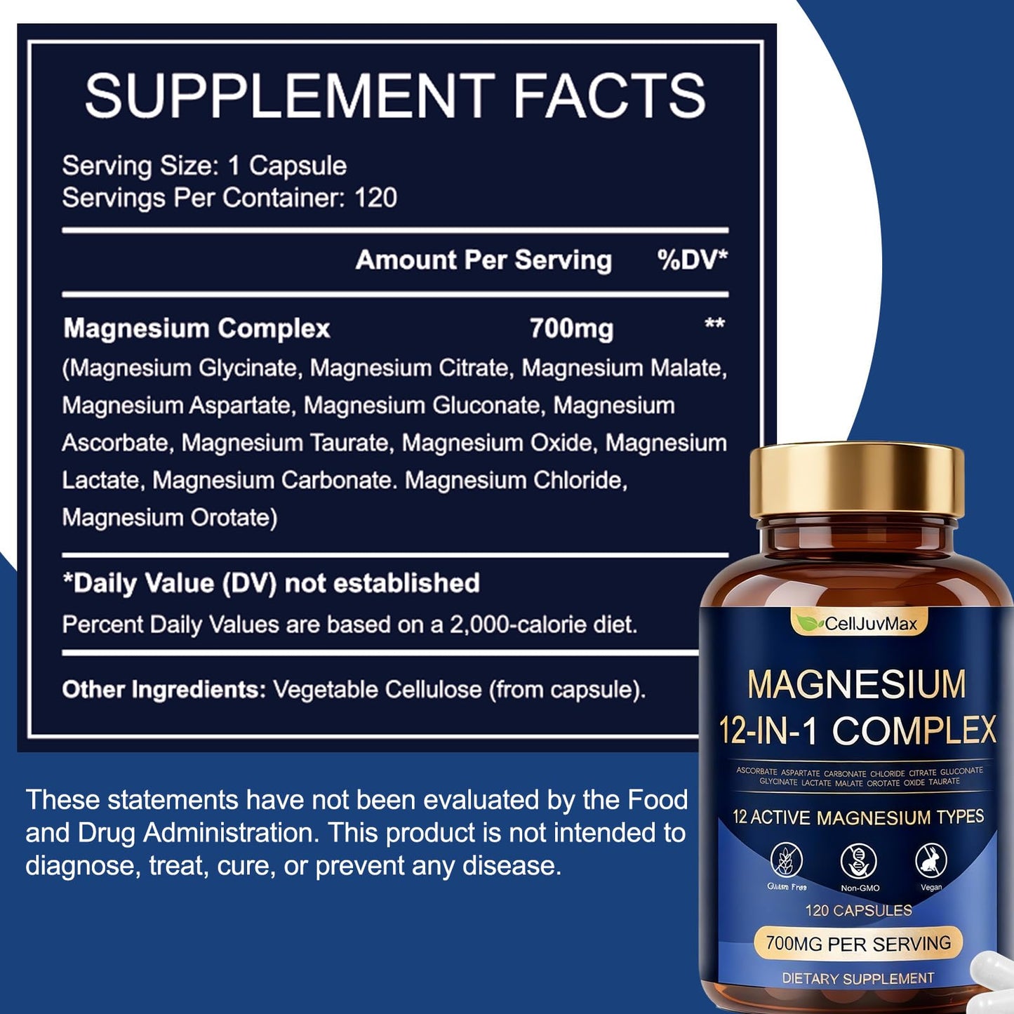 Magnesium 12-in-1 Complex 700mg, with Glycinate & Citrate, Vegan Supplement for Daily Wellness, 120 Capsules (1) - dailyvitalstore