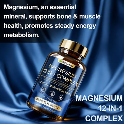 Magnesium 12-in-1 Complex 700mg, with Glycinate & Citrate, Vegan Supplement for Daily Wellness, 120 Capsules (1) - dailyvitalstore