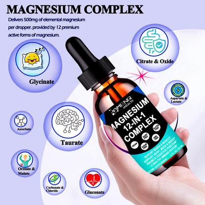 Magnesium 12 in 1 Complex Liquid Drops Magnesium Supplement w. Glycinate Citrate Malate Taurate Oxide Aspartate Orotate, Calm Magnesium for Sleep Muscle Heart Support丨Max Absorption Liquid Formula - dailyvitalstore