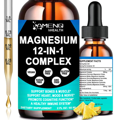 Magnesium 12 in 1 Complex Liquid Drops Magnesium Supplement w. Glycinate Citrate Malate Taurate Oxide Aspartate Orotate, Calm Magnesium for Sleep Muscle Heart Support丨Max Absorption Liquid Formula - dailyvitalstore