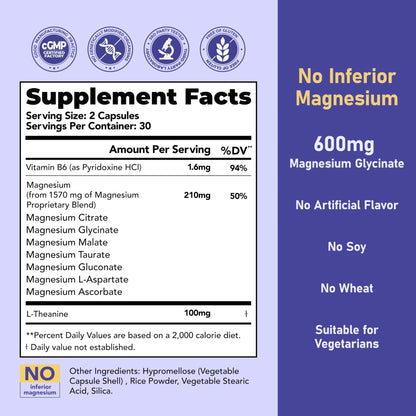 Magnesium 7 Complex for Women 1600mg, Magnesium Glycinate 600mg 7 High Absorption Magnesium Supplement with Citrate, Malate, Chelate, Taurate, Gluconate, Aspartate & Ascorbate for Sleep, 60 Capsules - dailyvitalstore