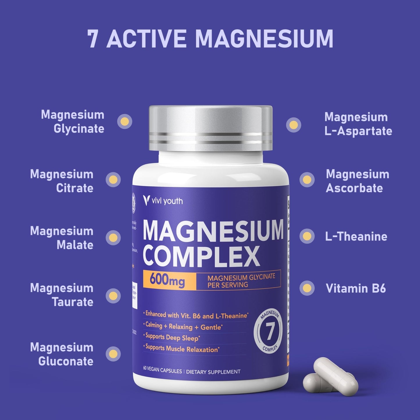 Magnesium 7 Complex for Women 1600mg, Magnesium Glycinate 600mg 7 High Absorption Magnesium Supplement with Citrate, Malate, Chelate, Taurate, Gluconate, Aspartate & Ascorbate for Sleep, 60 Capsules - dailyvitalstore