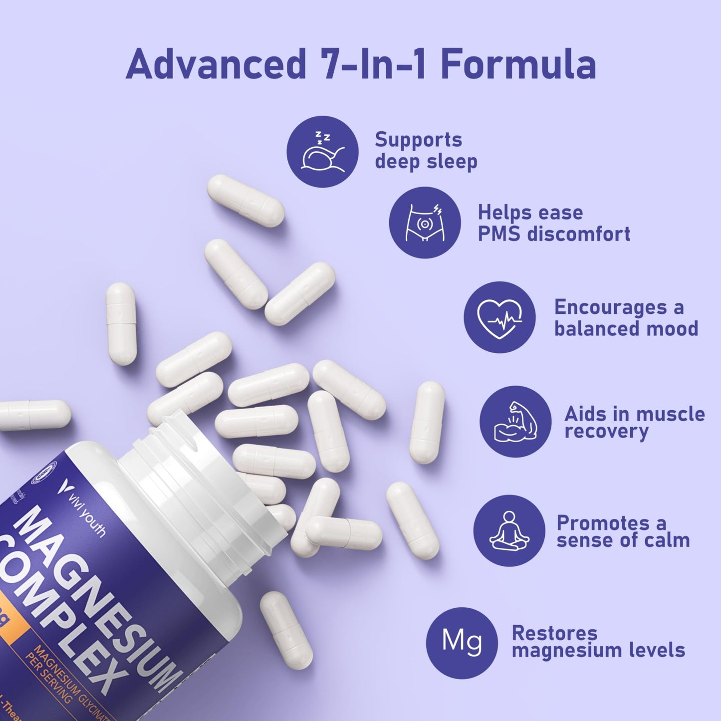 Magnesium 7 Complex for Women 1600mg, Magnesium Glycinate 600mg 7 High Absorption Magnesium Supplement with Citrate, Malate, Chelate, Taurate, Gluconate, Aspartate & Ascorbate for Sleep, 60 Capsules - dailyvitalstore