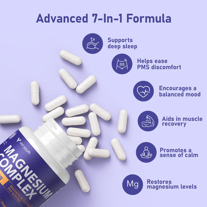Magnesium 7 Complex for Women 1600mg, Magnesium Glycinate 600mg 7 High Absorption Magnesium Supplement with Citrate, Malate, Chelate, Taurate, Gluconate, Aspartate & Ascorbate for Sleep, 60 Capsules - dailyvitalstore