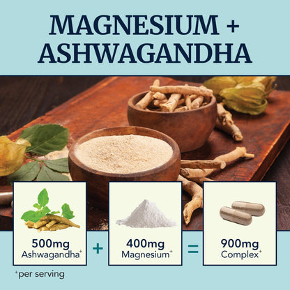 Magnesium Ashwagandha | Calming Magnesium Supplement for Adults | Relax, Rest, Calm Mood & Sleep Support | Mag Citrate & Oxide 400 mg + Ashwagandha 500 mg | Muscle Health & Stress Relief | 120 Ct - dailyvitalstore