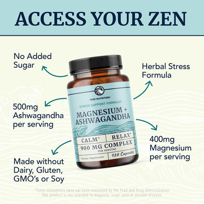 Magnesium Ashwagandha | Calming Magnesium Supplement for Adults | Relax, Rest, Calm Mood & Sleep Support | Mag Citrate & Oxide 400 mg + Ashwagandha 500 mg | Muscle Health & Stress Relief | 120 Ct - dailyvitalstore