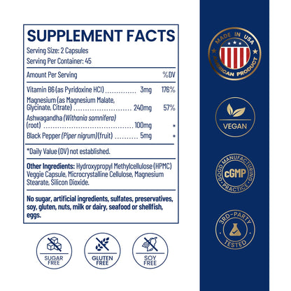 Magnesium Ashwagandha Complex | High-Absorption Multi Magnesium Supports Stress Relief, Sleep, Muscle & Heart Health | Vegan, Non-GMO, Gluten-Free, Made in USA, 90 Capsules((45-Day Supply) - dailyvitalstore