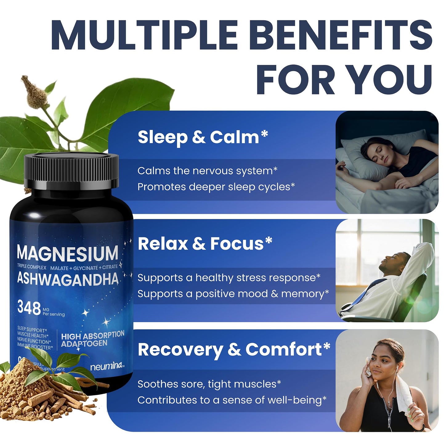Magnesium Ashwagandha Complex | High-Absorption Multi Magnesium Supports Stress Relief, Sleep, Muscle & Heart Health | Vegan, Non-GMO, Gluten-Free, Made in USA, 90 Capsules((45-Day Supply) - dailyvitalstore