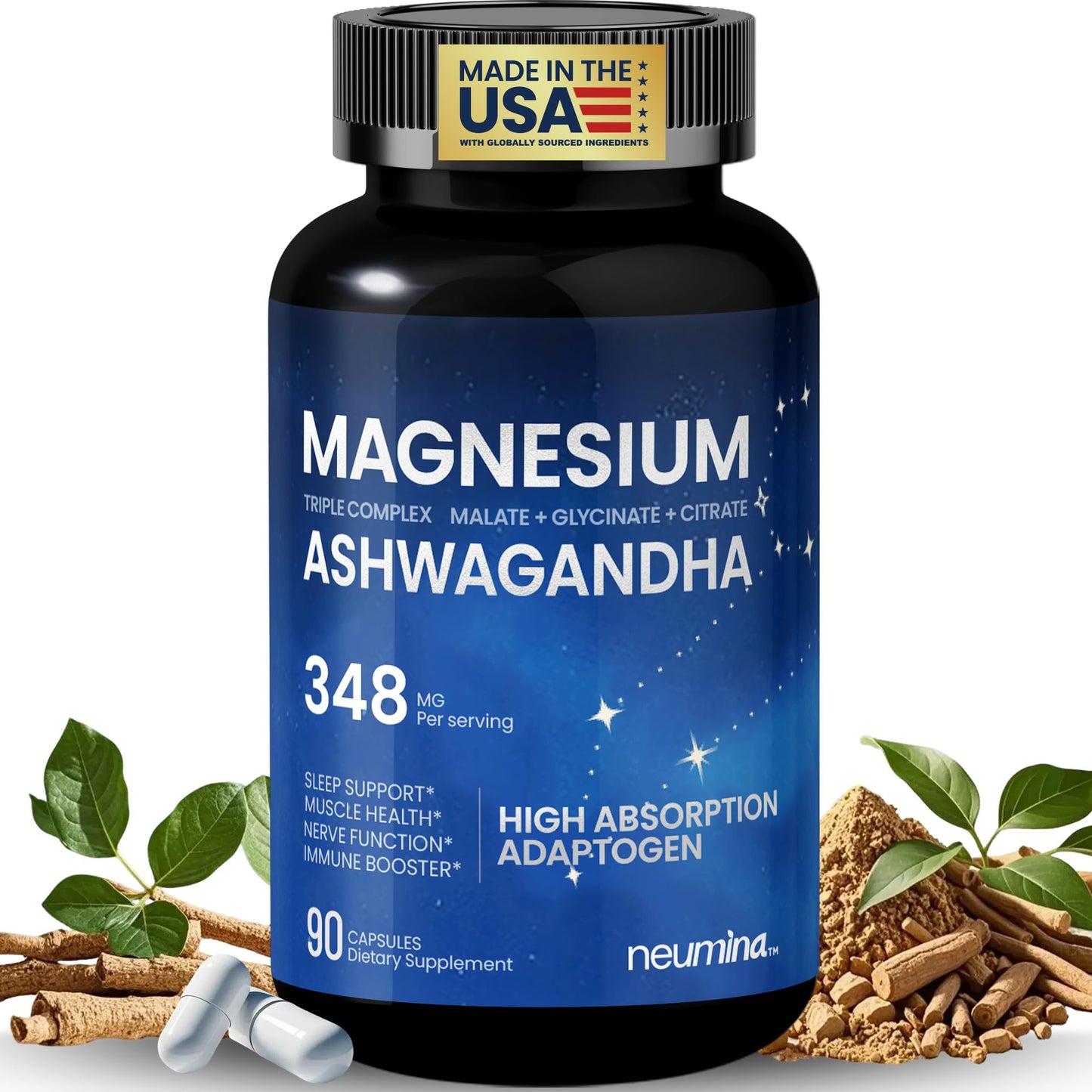Magnesium Ashwagandha Complex | High-Absorption Multi Magnesium Supports Stress Relief, Sleep, Muscle & Heart Health | Vegan, Non-GMO, Gluten-Free, Made in USA, 90 Capsules((45-Day Supply) - dailyvitalstore