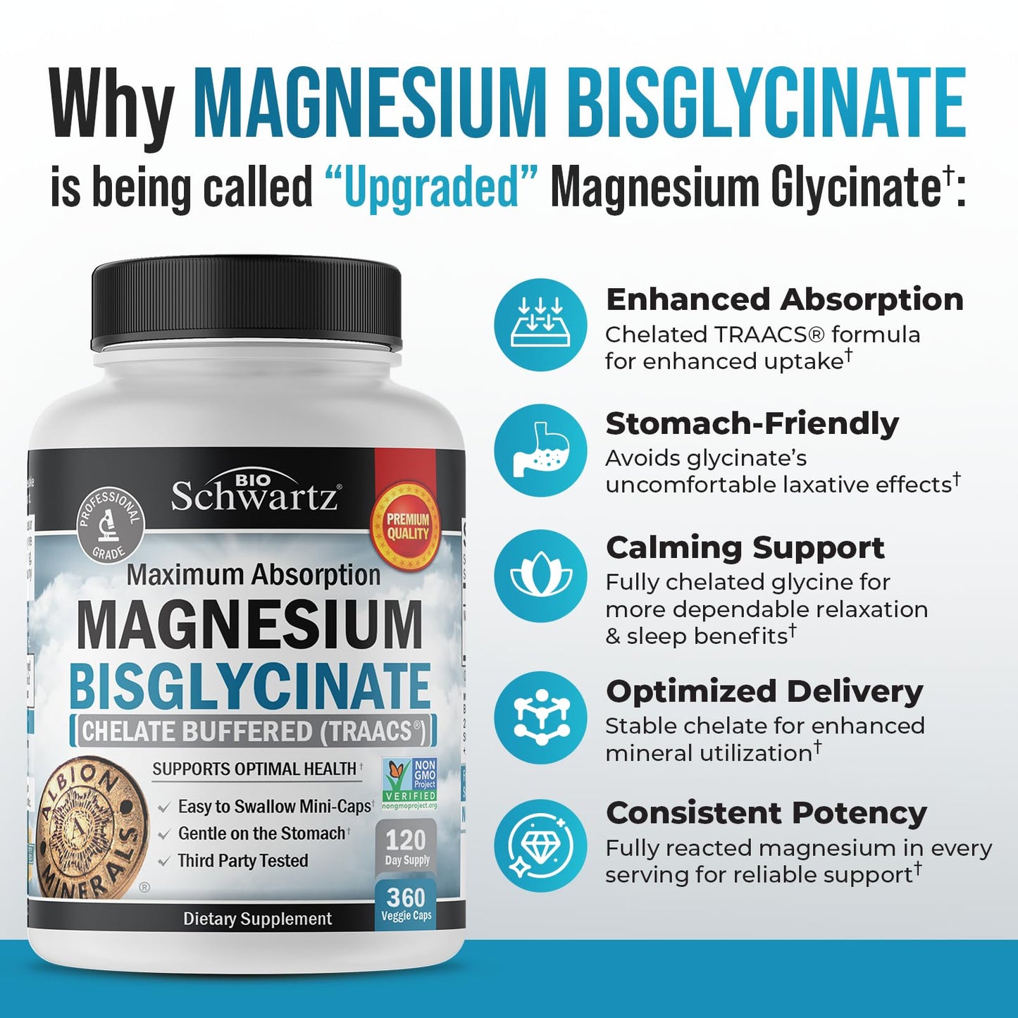 Magnesium Bisglycinate Chelated Supplement - High Absorption Magnesium Glycinate Supplement for Women and Men - Sleep, Muscle, Bone & Joint Support - dailyvitalstore
