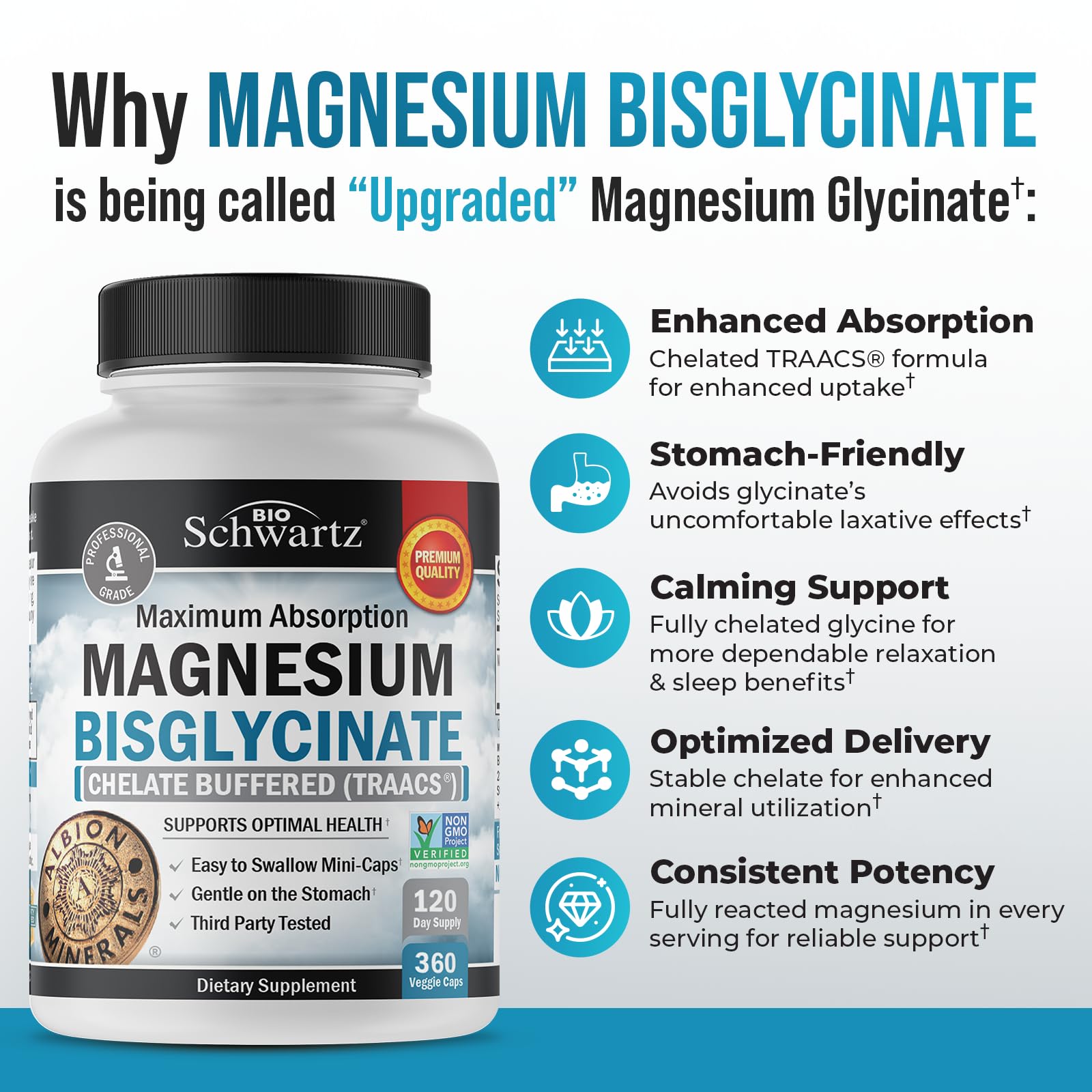 Magnesium Bisglycinate Chelated Supplement - High Absorption Magnesium Glycinate Supplement for Women and Men - Sleep, Muscle, Bone & Joint Support - dailyvitalstore