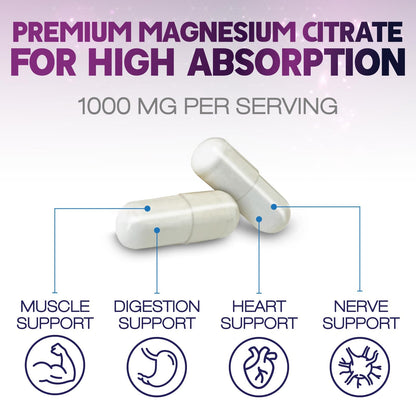 Magnesium Citrate 1000mg Per Serving - Max Absorption Magnesium Powder Capsules for Muscle, Nerve, Bone and Heart Health Support, High Absorption Citrate Complex - dailyvitalstore