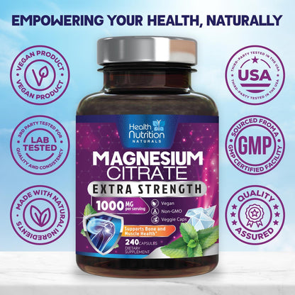 Magnesium Citrate 1000mg Per Serving - Max Absorption Magnesium Powder Capsules for Muscle, Nerve, Bone and Heart Health Support, High Absorption Citrate Complex - dailyvitalstore