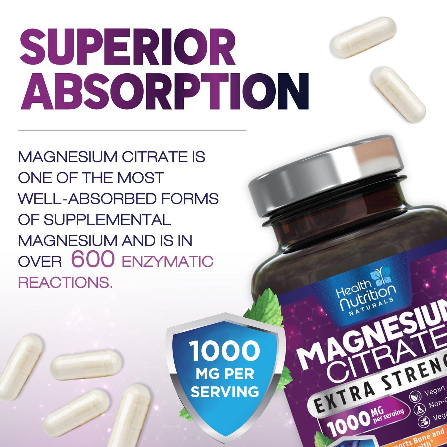 Magnesium Citrate 1000mg Per Serving - Max Absorption Magnesium Powder Capsules for Muscle, Nerve, Bone and Heart Health Support, High Absorption Citrate Complex - dailyvitalstore