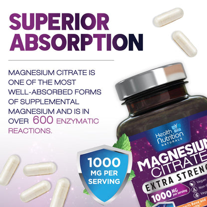 Magnesium Citrate 1000mg Per Serving - Max Absorption Magnesium Powder Capsules for Muscle, Nerve, Bone and Heart Health Support, High Absorption Citrate Complex - dailyvitalstore